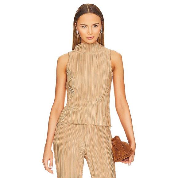Anine Bing Rondi Top Butterscotch Shirt Plisse Crinkled Texture M Pleated Brown - Picture 1 of 12